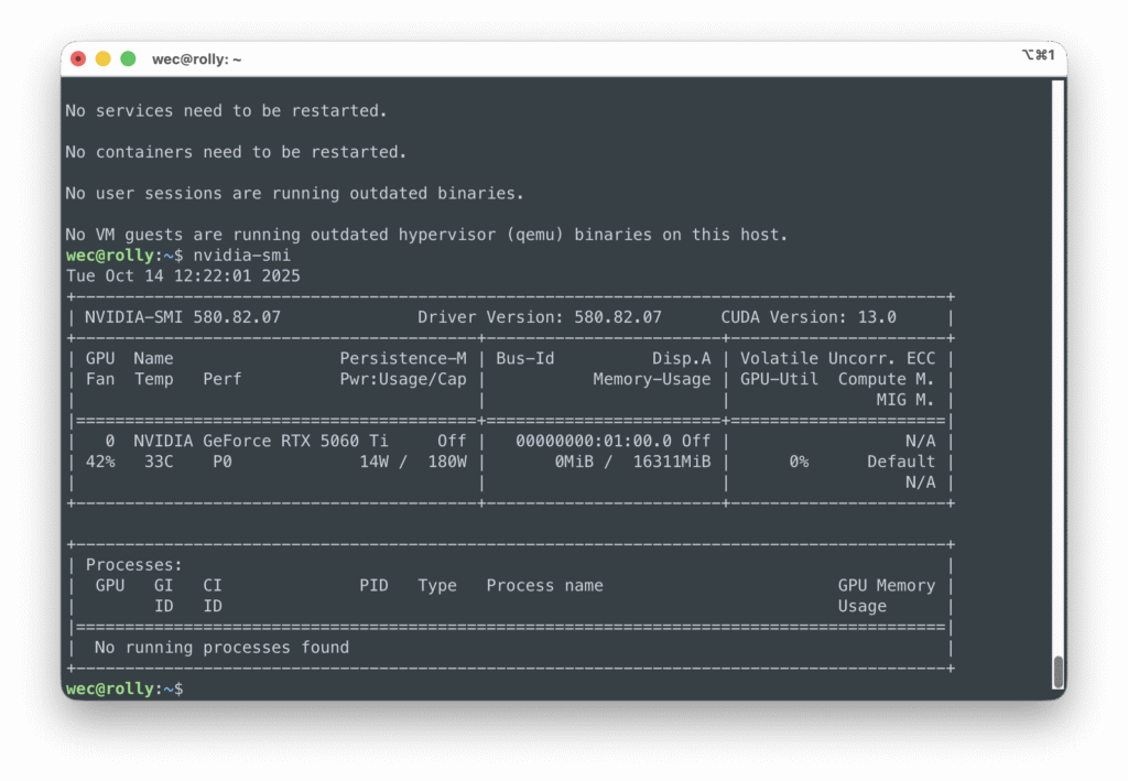 Вывод информации nvidia-smi о видео-карте RTX5060ti в Ubuntu Server